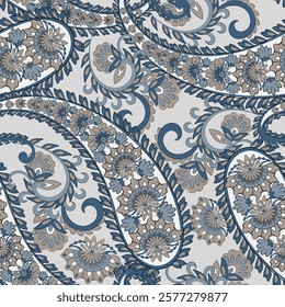 Digital vector textile print. Seamless Design suitable for covers, fabrics, textiles, wrapping paper, featuring an antique Thai pattern Paisley Indian motifs and decorative floral elements