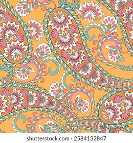 Digital vector textile print. Seamless Design suitable for covers, fabrics, textiles, wrapping paper, featuring an antique Thai pattern Paisley Indian motifs and decorative floral elements