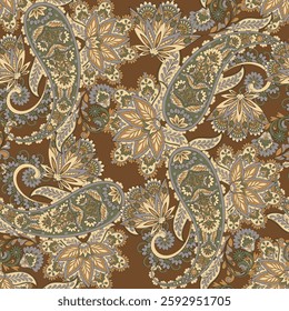 Digital vector textile print. Seamless Design suitable for covers, fabrics, textiles, wrapping paper, featuring an antique Thai pattern Paisley Indian motifs and decorative floral elements