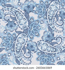 Digital vector textile print. Seamless Design suitable for covers, fabrics, textiles, wrapping paper, featuring an antique Thai pattern Paisley Indian motifs and decorative floral elements