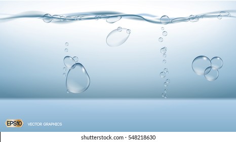 Digital Vector Water drops Background with bubbles and light waves. Ready for product placement and info-graphic, poster, ads, print or magazine