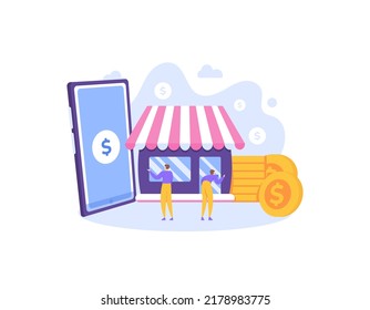 digital venture. e-commerce and online shops. make plans and strategies. manage business. make money on the internet. a team builds a business and a shop. small and medium enterprises. illustration