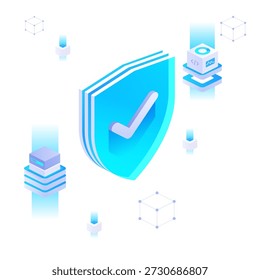 Digital verification for secure infrastructure, trusted system access, and intelligent protection with shield authentication, data elements, and platform-based interaction. Vector illustration