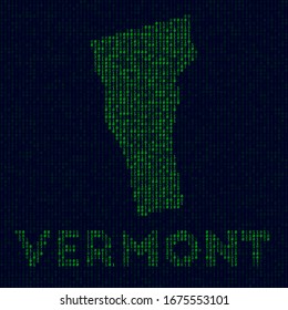 Digital Vermont Logo. US-Staatssymbol im Hackerstil. Binärkode Karte von Vermont mit US-Staatsnamen. Erstaunliche Vektorillustration.