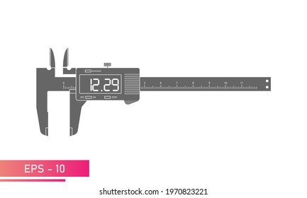 Digital vernier caliper with display and numeric scale in a single-color version. Tools for technical specialists. Flat vector illustration.