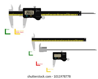 Digital vernier caliper on transparent background. There are 3 components which are perfect assembly for your own composition.
