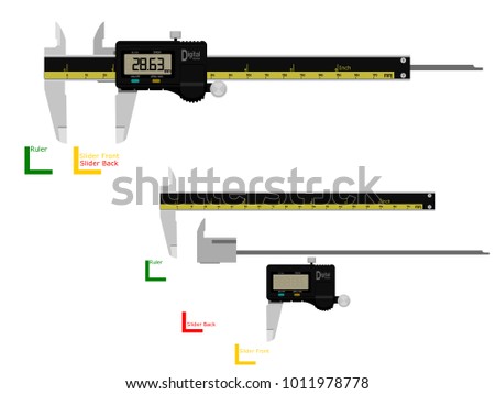 Digital vernier caliper on transparent background. There are 3 components which are perfect assembly for your own composition.
