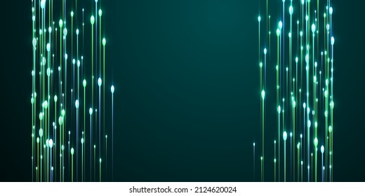 Digital vertical line rays data flows vector. Tech neon teal radiance elements. Scientific vertical lines visual design. Data flows advanced background.