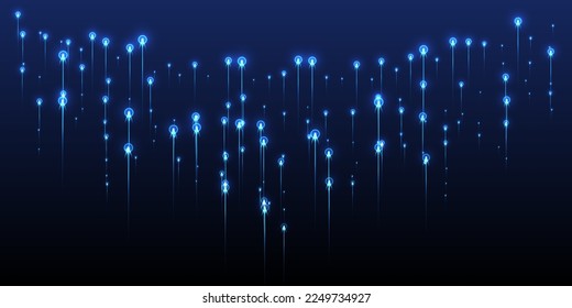 Digital vertical line rays fiber optics vector. Tech neon blue radiance particles. Social science lines movement innovative design. Fiber optics modern backdrop.