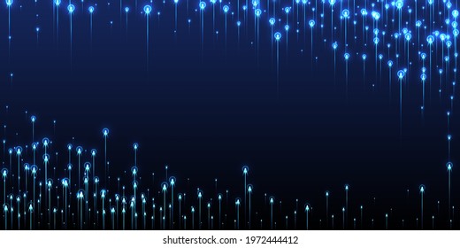 Digital vertical line streams data flows vector. Geometric neon blue light elements. Social science lines movement visual pattern. Data flows cool background.