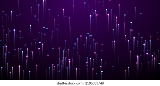 Digital vertical line streams data flows concept. Geometric neon purple spark particles. Electronic technology lines movement visual wallpaper. Data flows compound backdrop.