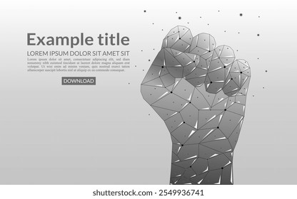 Digital victory fist on grey background. Businessman hand teamwork, connected dots and triangles. Polygonal grid 3D vector illustration. Business partnership concept