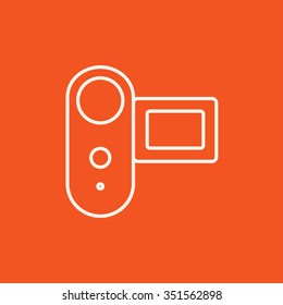 Icono de línea de cámara de vídeo digital para web, móvil e infografía. Icono blanco vector aislado en fondo rojo.