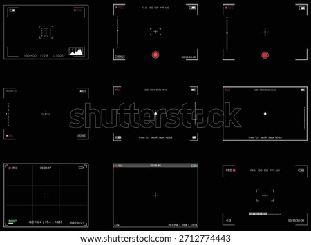 Digital Video Camera Viewfinder Interfaces Set. Black Screen Overlay with REC Indicators, Focus Targets, and Technical Data. 9 Different Camera and Camcorder on screen Displays, Viewfinders Layouts.