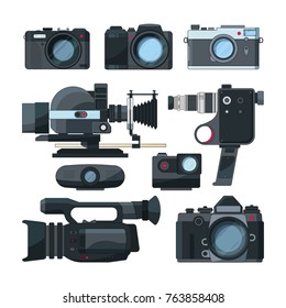 Digital video cameras and different professional equipment. Camera for photography and video. Vector illustration