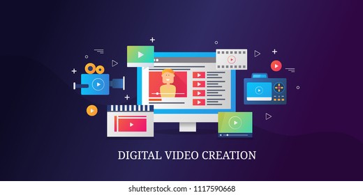 Digital video creation - Video production - Viral Video Marketing - vector banner with icons