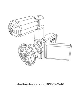 Digital video hand-held camera with rotating screen and external microphone. Wireframe low poly mesh vector illustration.