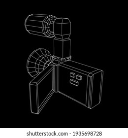 Digital video hand-held camera with rotating screen and external microphone. Wireframe low poly mesh vector illustration.