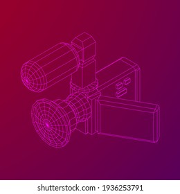 Cámara digital de vídeo manual con pantalla giratoria y micrófono externo. Ilustración vectorial de malla baja de malla de malla de alambre.