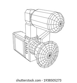 Digital video hand-held camera with rotating screen and external microphone. Wireframe low poly mesh vector illustration.
