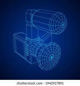 Digital video hand-held camera with rotating screen and external microphone. Wireframe low poly mesh vector illustration.
