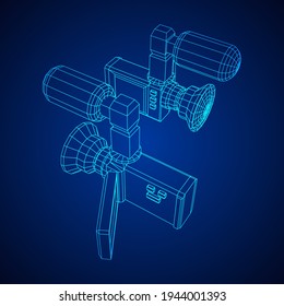 Digital video hand-held camera with rotating screen and external microphone. Wireframe low poly mesh vector illustration.