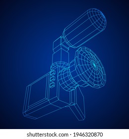 Digital video hand-held camera with rotating screen and external microphone. Wireframe low poly mesh vector illustration.