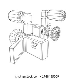 Digital video hand-held camera with rotating screen and external microphone. Wireframe low poly mesh vector illustration.
