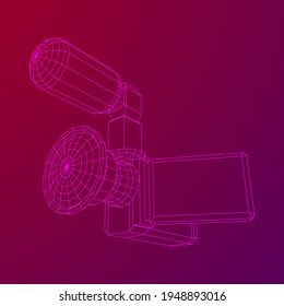 Digital video hand-held camera with rotating screen and external microphone. Wireframe low poly mesh vector illustration.