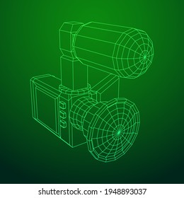 Digital video hand-held camera with rotating screen and external microphone. Wireframe low poly mesh vector illustration.