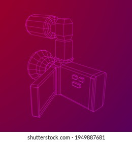 Digital video hand-held camera with rotating screen and external microphone. Wireframe low poly mesh vector illustration.