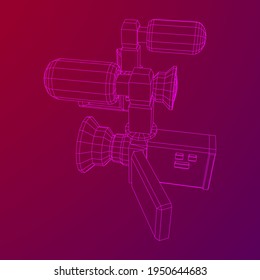 Digital video hand-held camera with rotating screen and external microphone. Wireframe low poly mesh vector illustration.