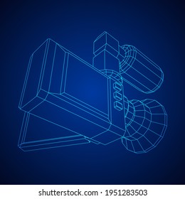 Digital video hand-held camera with rotating screen and external microphone. Wireframe low poly mesh vector illustration.