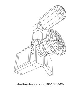 Digital video hand-held camera with rotating screen and external microphone. Wireframe low poly mesh vector illustration.