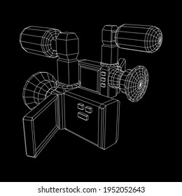 Digital video hand-held camera with rotating screen and external microphone. Wireframe low poly mesh vector illustration.