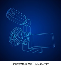 Digital video hand-held camera with rotating screen and external microphone. Wireframe low poly mesh vector illustration.
