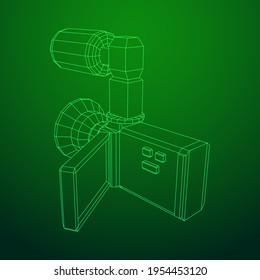Digital video hand-held camera with rotating screen and external microphone. Wireframe low poly mesh vector illustration.