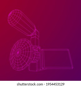 Digital video hand-held camera with rotating screen and external microphone. Wireframe low poly mesh vector illustration.