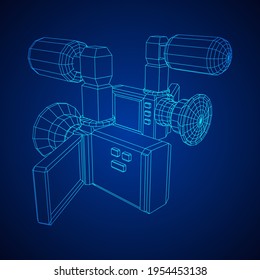 Digital video hand-held camera with rotating screen and external microphone. Wireframe low poly mesh vector illustration.