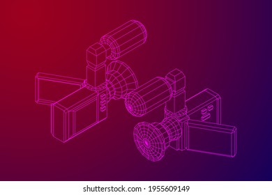 Digital video hand-held camera with rotating screen and external microphone. Wireframe low poly mesh vector illustration.