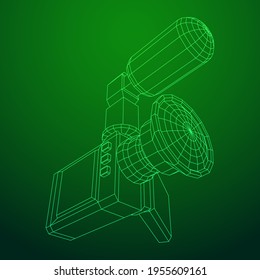 Digital video hand-held camera with rotating screen and external microphone. Wireframe low poly mesh vector illustration.
