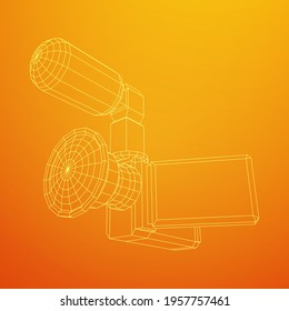 Digital video hand-held camera with rotating screen and external microphone. Wireframe low poly mesh vector illustration.