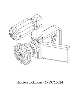 Digital video hand-held camera with rotating screen and external microphone. Wireframe low poly mesh vector illustration.