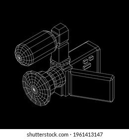 Digital video hand-held camera with rotating screen and external microphone. Wireframe low poly mesh vector illustration.