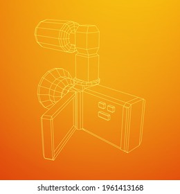 Digital video hand-held camera with rotating screen and external microphone. Wireframe low poly mesh vector illustration.