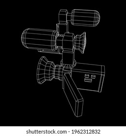 Digital video hand-held camera with rotating screen and external microphone. Wireframe low poly mesh vector illustration.