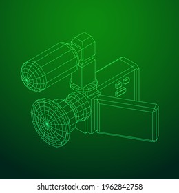 Digital video hand-held camera with rotating screen and external microphone. Wireframe low poly mesh vector illustration.