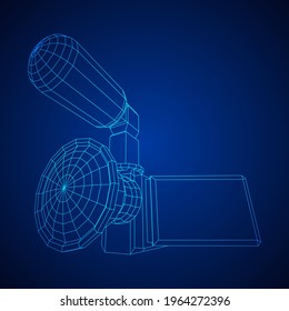 Digital video hand-held camera with rotating screen and external microphone. Wireframe low poly mesh vector illustration.