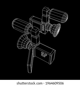 Digital video hand-held camera with rotating screen and external microphone. Wireframe low poly mesh vector illustration.