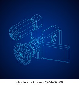 Digital video hand-held camera with rotating screen and external microphone. Wireframe low poly mesh vector illustration.